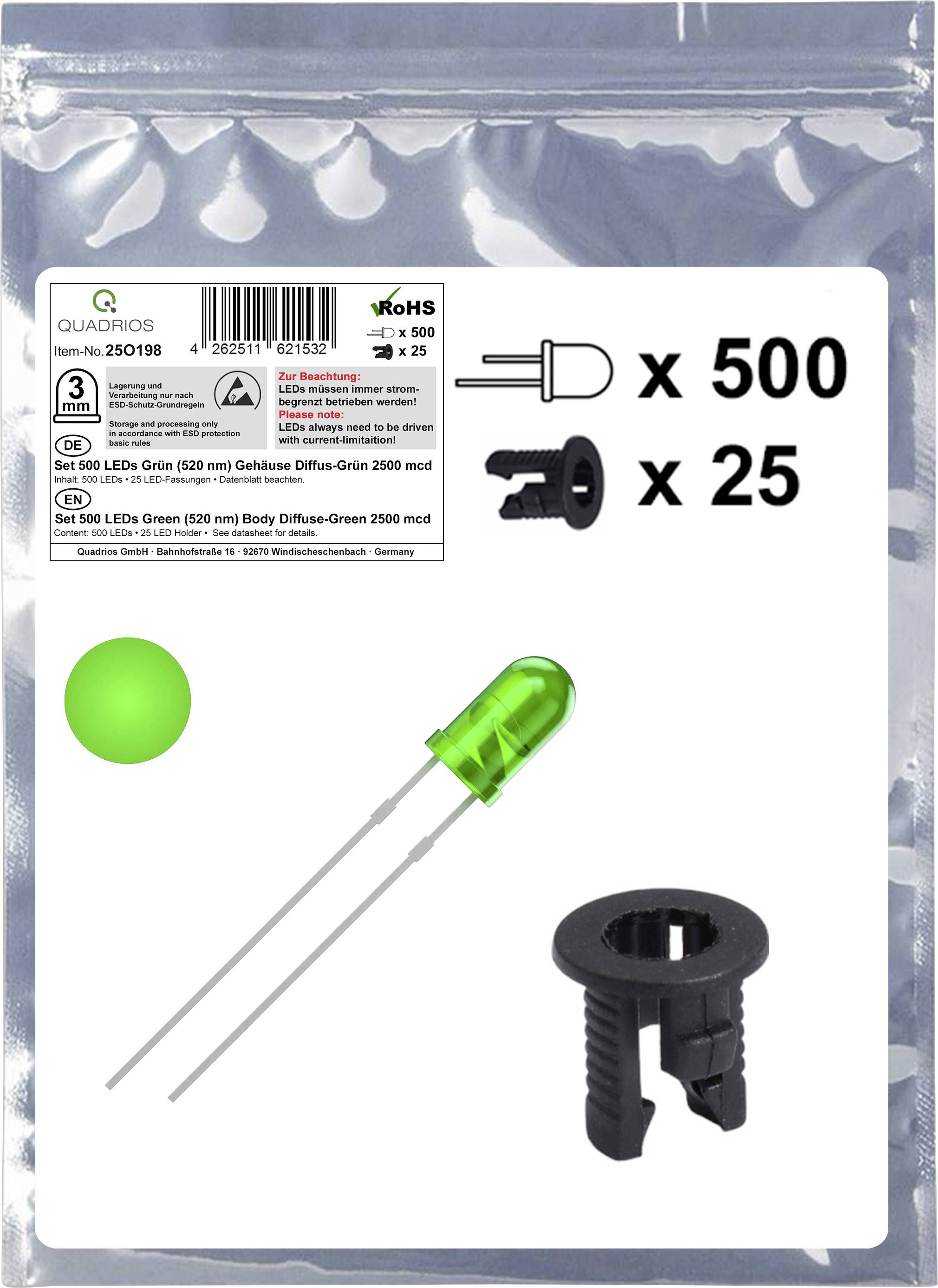 'Quadrios Set No. 250198' package contains 500 green LEDs and 25 black holders. Suitable for electronic projects.