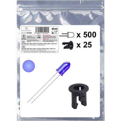'Quadrios LED pack', includes 500 blue LEDs and 25 holders, model code 250292. Features a product image and specifications.