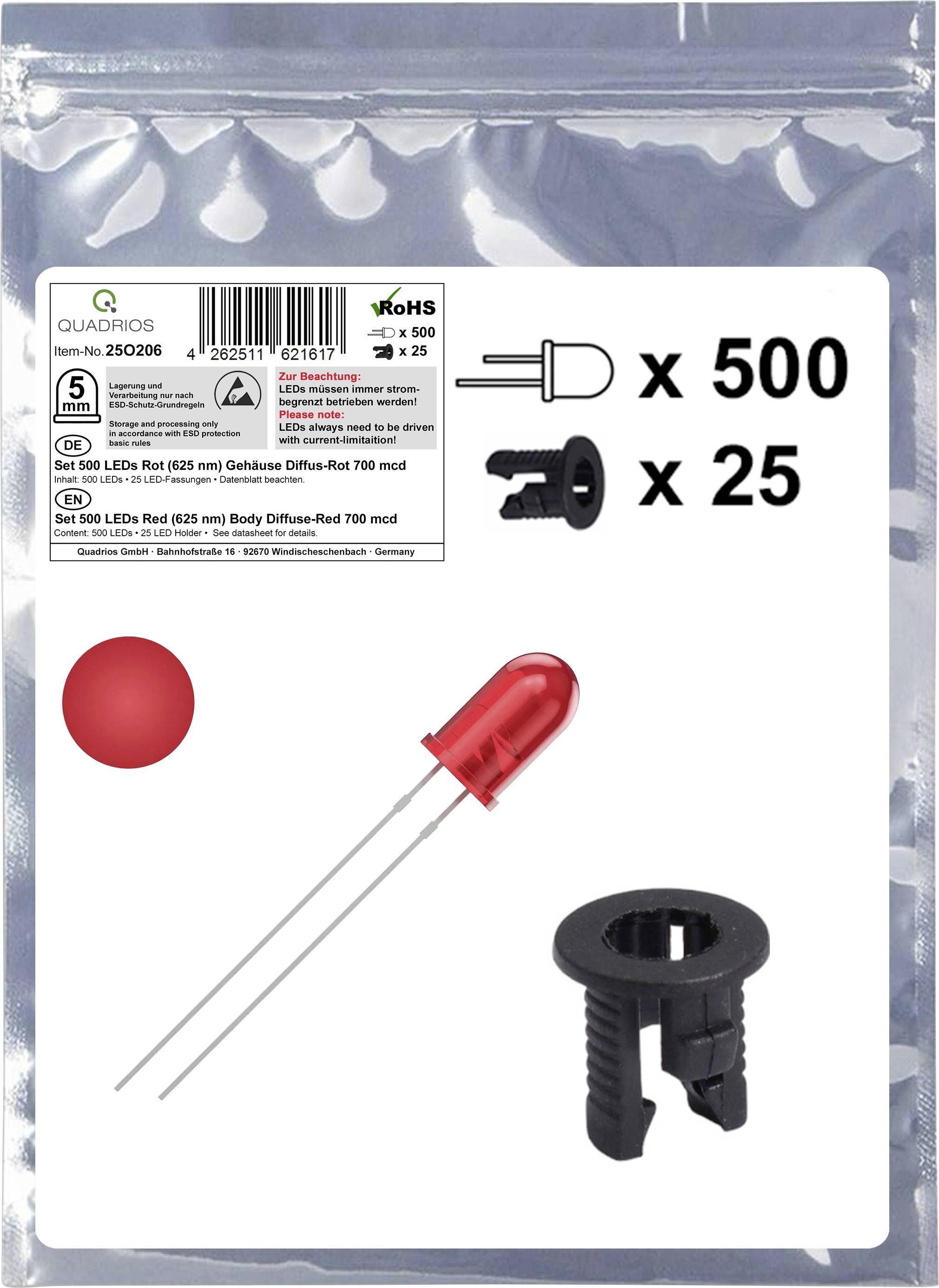 Clear plastic bag displaying 500 red LEDs and 25 black clips. Bag label shows product details, including RoHS compliance and item codes.