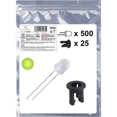 Product packaging showing: '500 diffused green LED, 25 plastic holder clips'. Includes images illustrating LED components and silver bag.