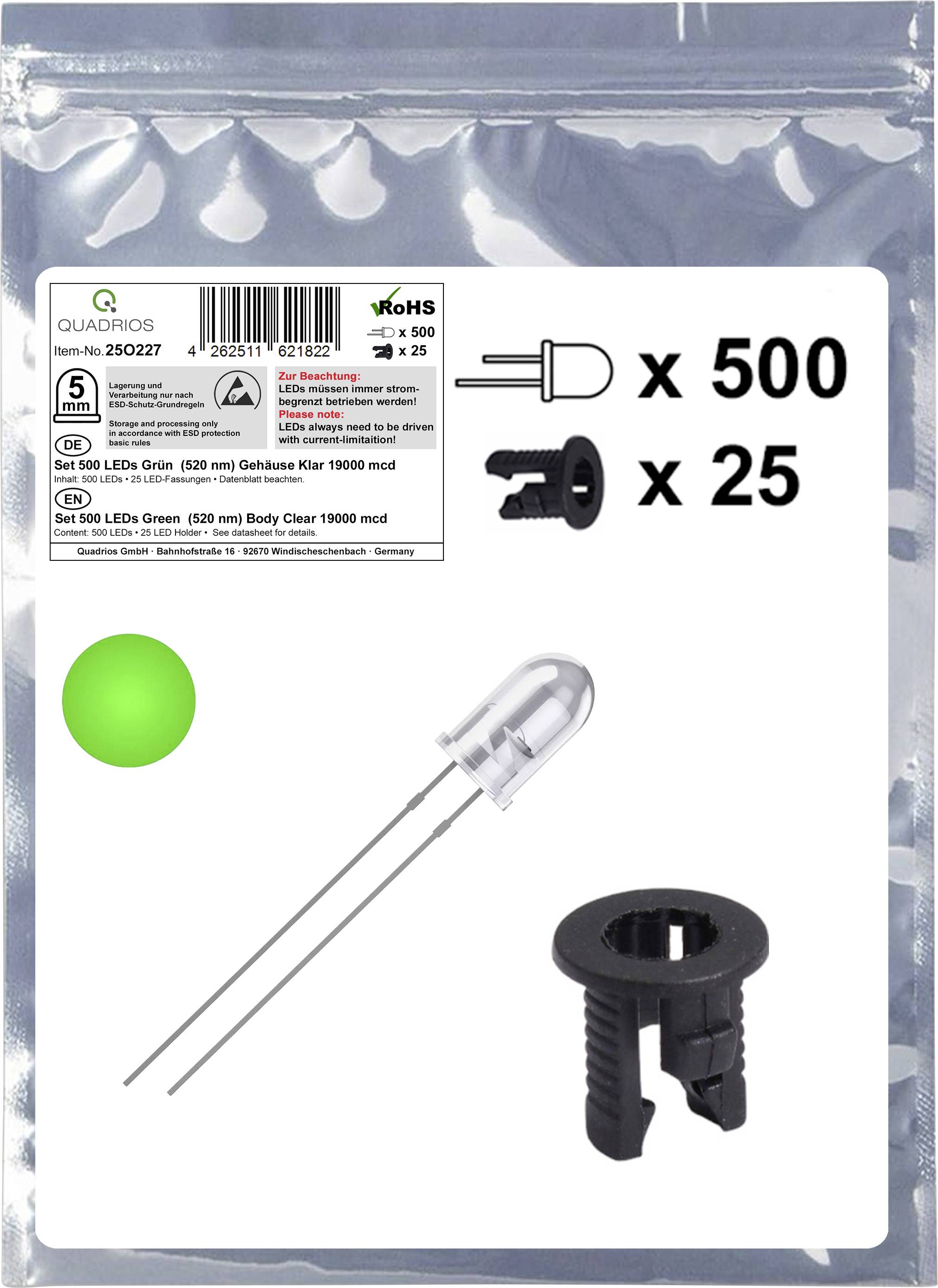 Package of 500 green LEDs and 25 black holders. Includes specifications with clear body, model, and RoHS compliance details on the label.
