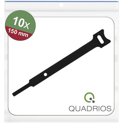 'Quadrios' branded pack of ten, 150 mm black cable ties, displayed on a transparent background with a hook-and-loop design.