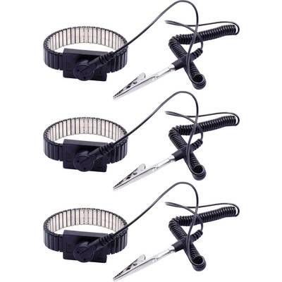 Three black anti-static wrist straps with coiled cables and clips. Each band is similar, used to prevent static discharge during electronic work.
