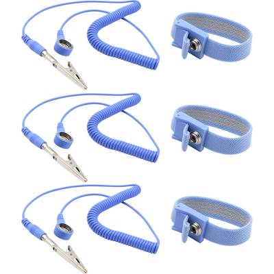 Three blue anti-static wrist strap sets arranged in rows, each featuring a coiled cord, alligator clip, and adjustable strap.