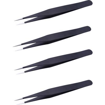 Four identical black precision tweezers, arranged diagonally, each with pointed silver tips.
