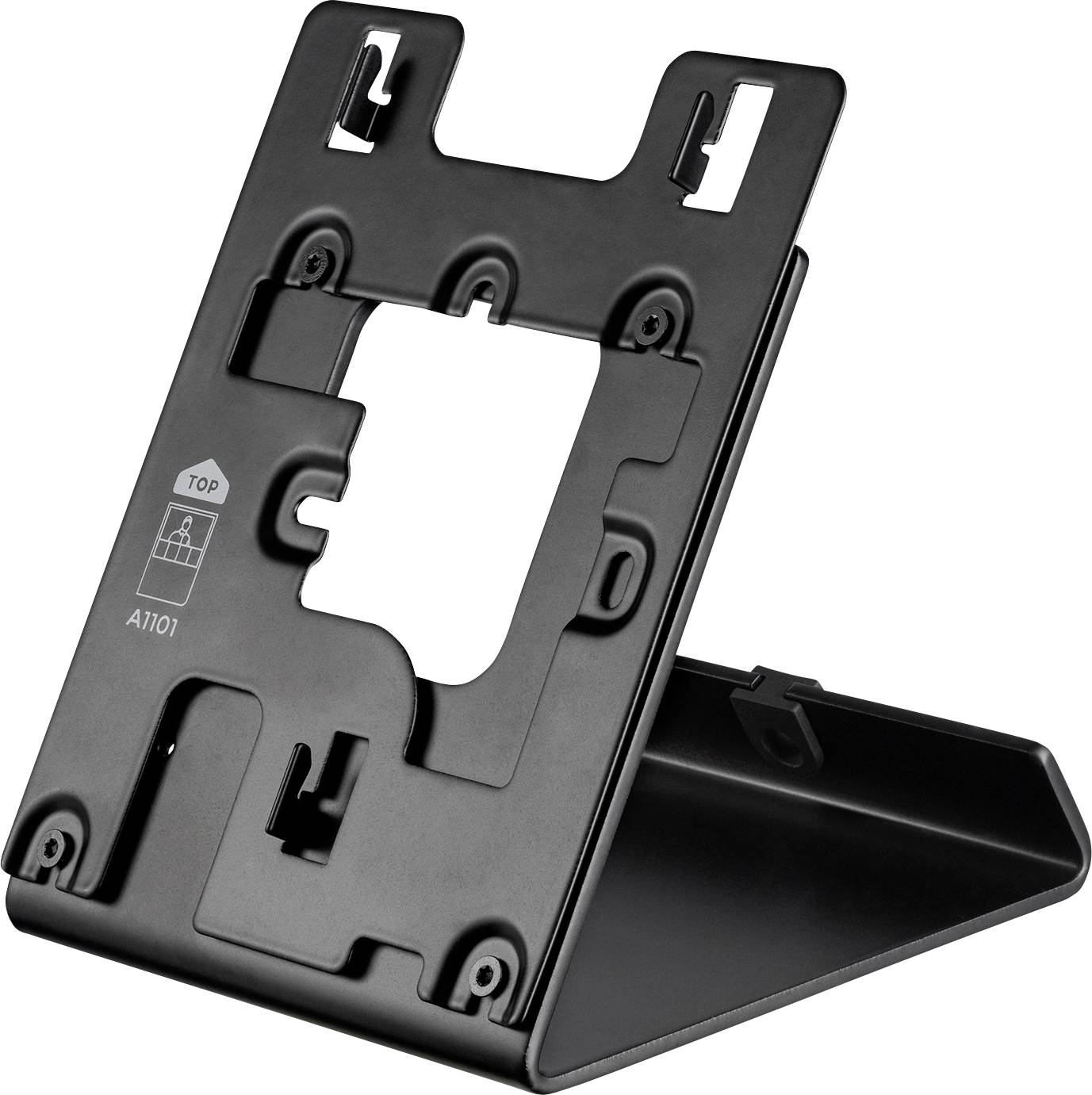 A black, adjustable monitor or device stand with slots and notches for secure positioning, angled to display mounting options.