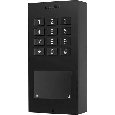 'DoorBird' keypad for secure access control, featuring numeric buttons and symbols on a sleek, upright black panel.