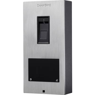 'Sleek metallic device with a camera, speaker, and small indicator light, labeled "DoorBird". Designed for smart door communication.'