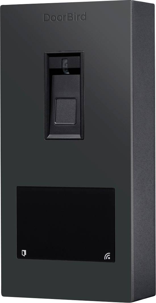 A black DoorBird intercom system featuring a camera and microphone, used for secure access and communication at entrances.