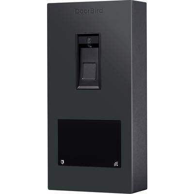 A black DoorBird intercom system featuring a camera and microphone, used for secure access and communication at entrances.