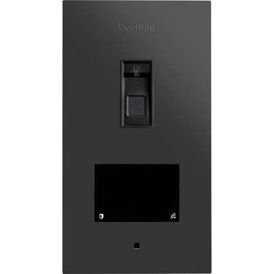 A black smart doorbell with a camera, speaker, and microphone. Features a subtle LED indicator for connectivity status.