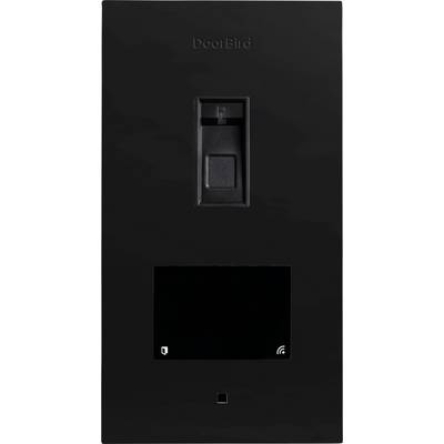 A black DoorBird intercom with a camera lens, small display screen, and a Wi-Fi symbol below the lens, designed for smart door entry.