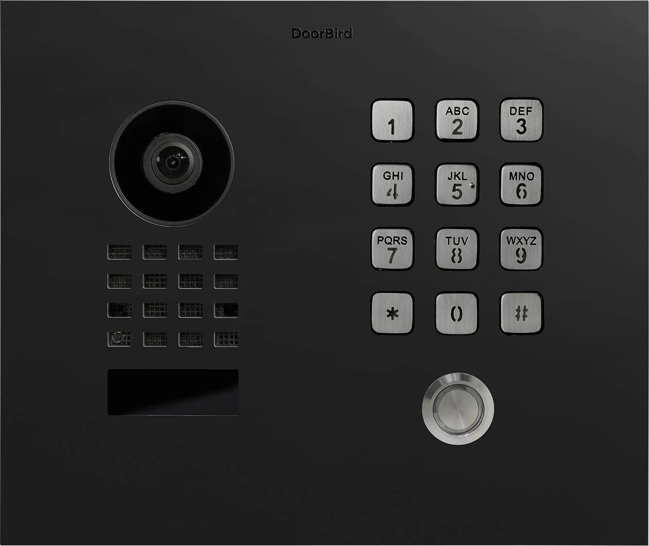 A black intercom panel with a camera, numeral keypad, and call button, likely used for access control at building entrances.