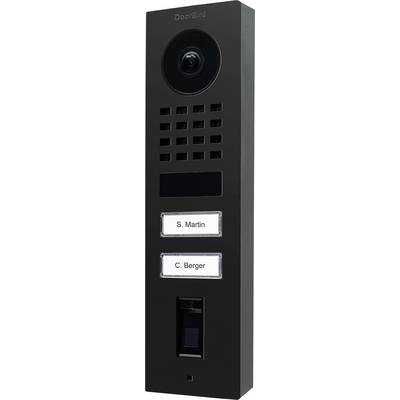 Video intercom system with a camera at the top, speaker grid, and two labeled buttons for 'S. Martin' and 'C. Berger' below.