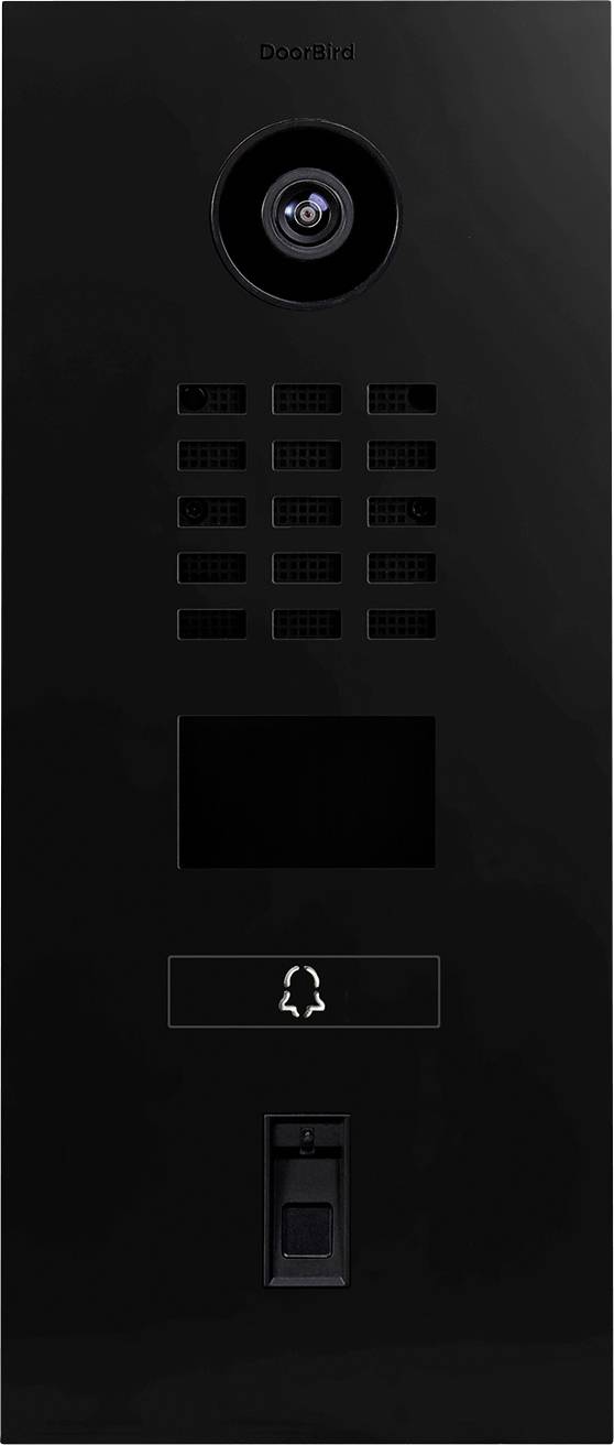 A doorbell system with a camera, speaker grille, black finish, and a button featuring a bell icon, labeled 'DoorBird' at the top.