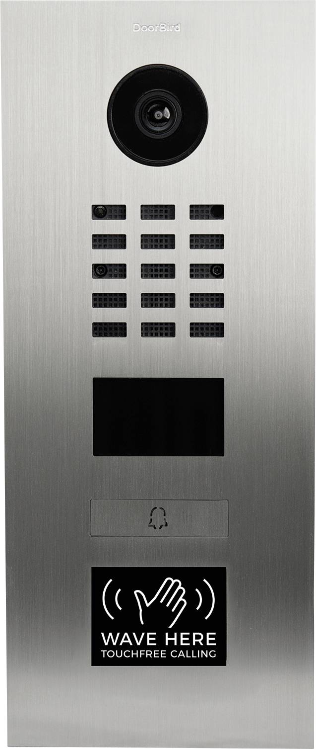 'DoorBird' intercom panel with camera, speaker grid, call button, and 'WAVE HERE TOUCHFREE CALLING' feature near the bottom.