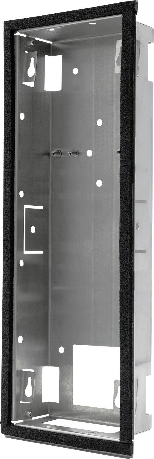 A rectangular metal box for installing a video door entry station, featuring multiple mounting holes and a protective frame.