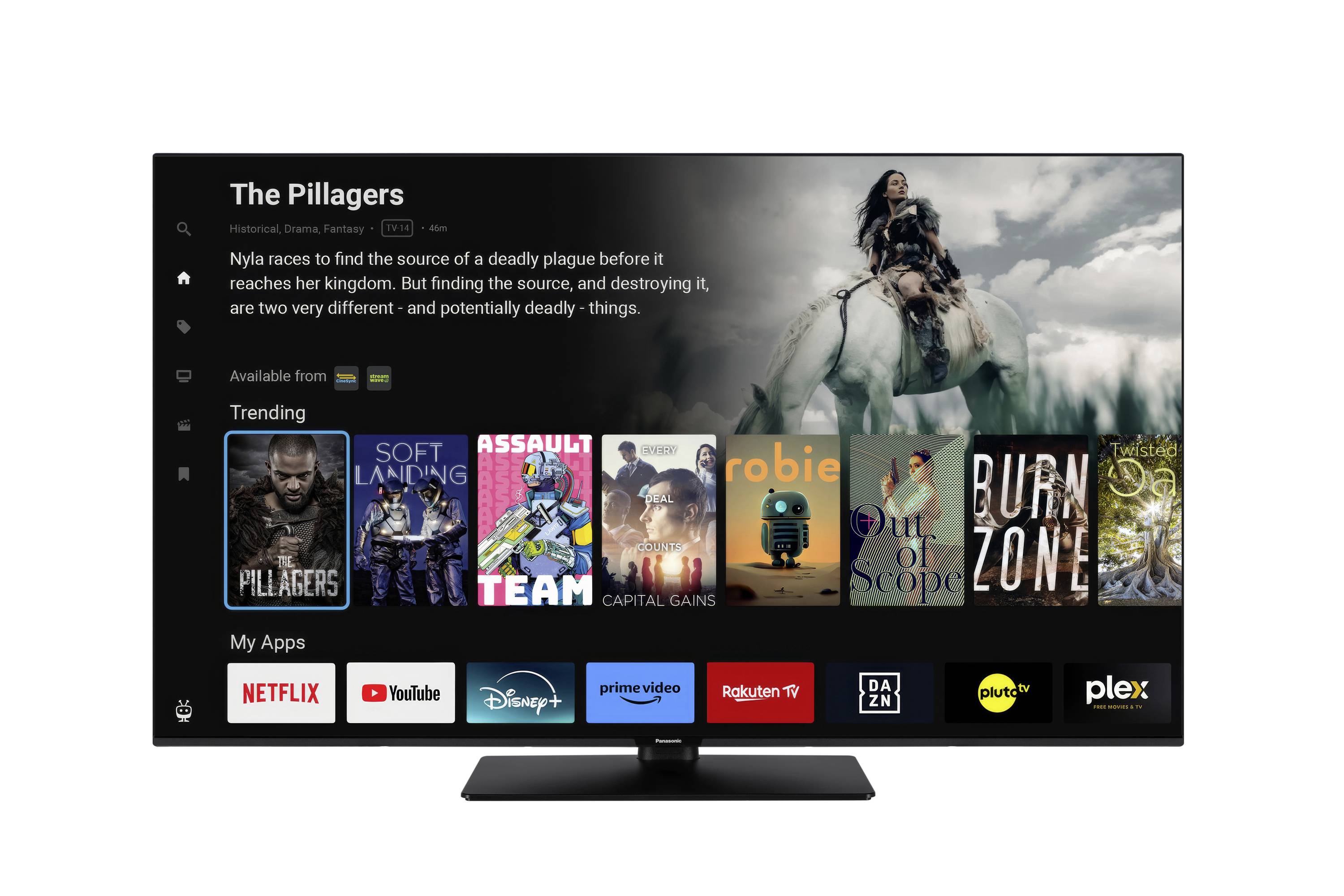 Smart TV interface displaying a show called 'The Pillagers', featuring a warrior. Below are app icons and a row of trending movie thumbnails.