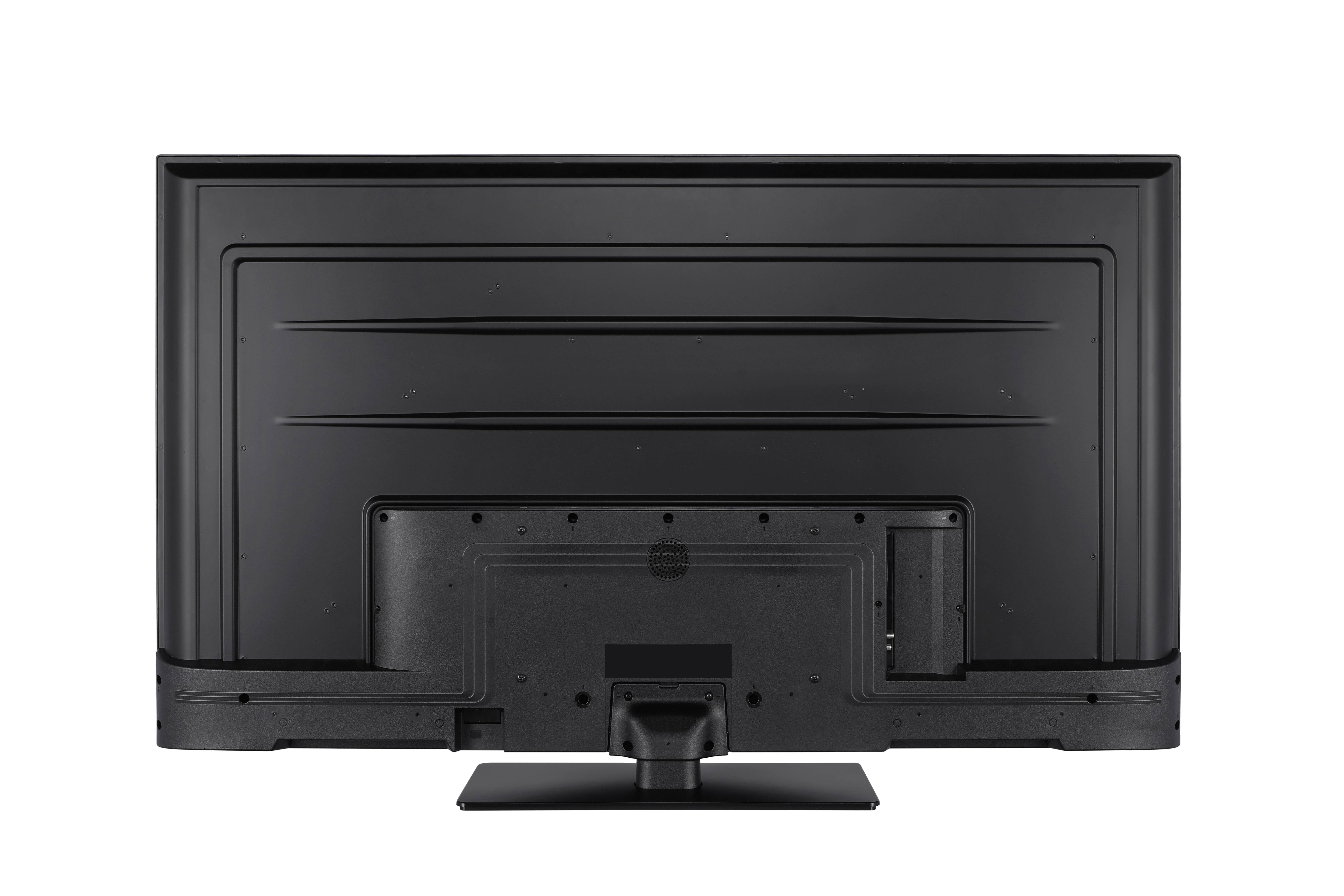 Back view of a flat-screen TV showing ports and vents, emphasizing the layout of connection options and cooling features.