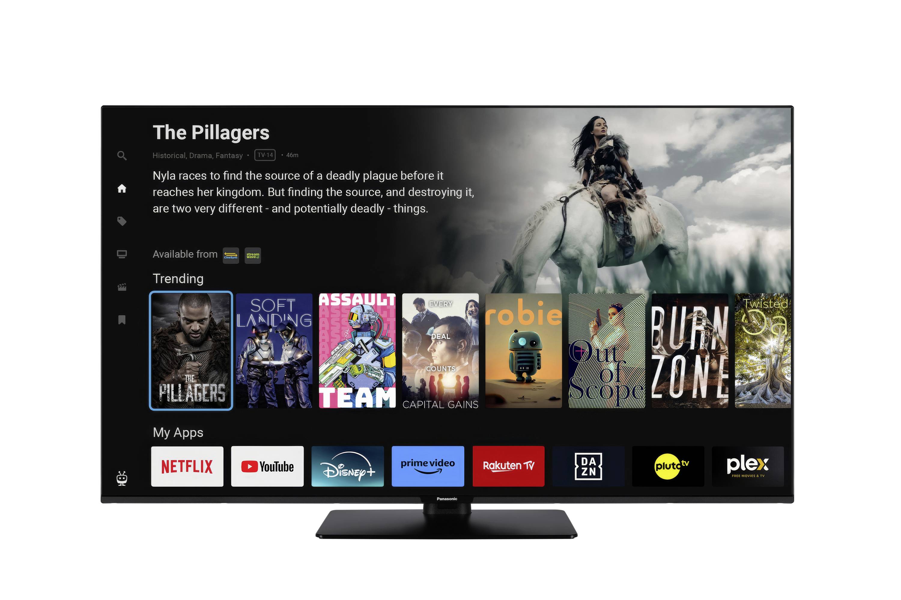 A TV displaying a streaming interface with a movie titled 'The Pillagers' and various app icons like Netflix, YouTube, and Disney+.