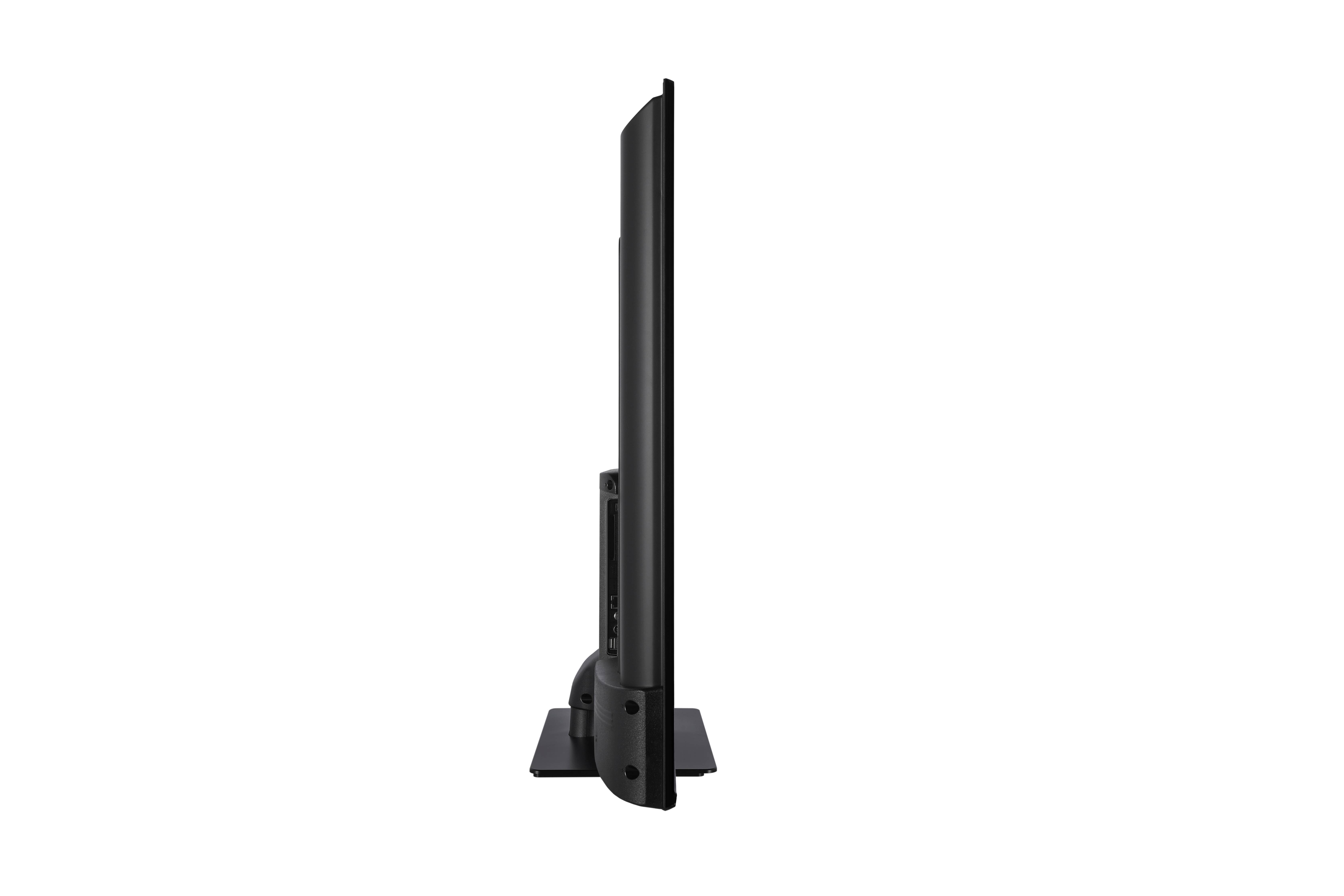 Side view of a thin, black flat-screen monitor on a stand, showing its slim profile.