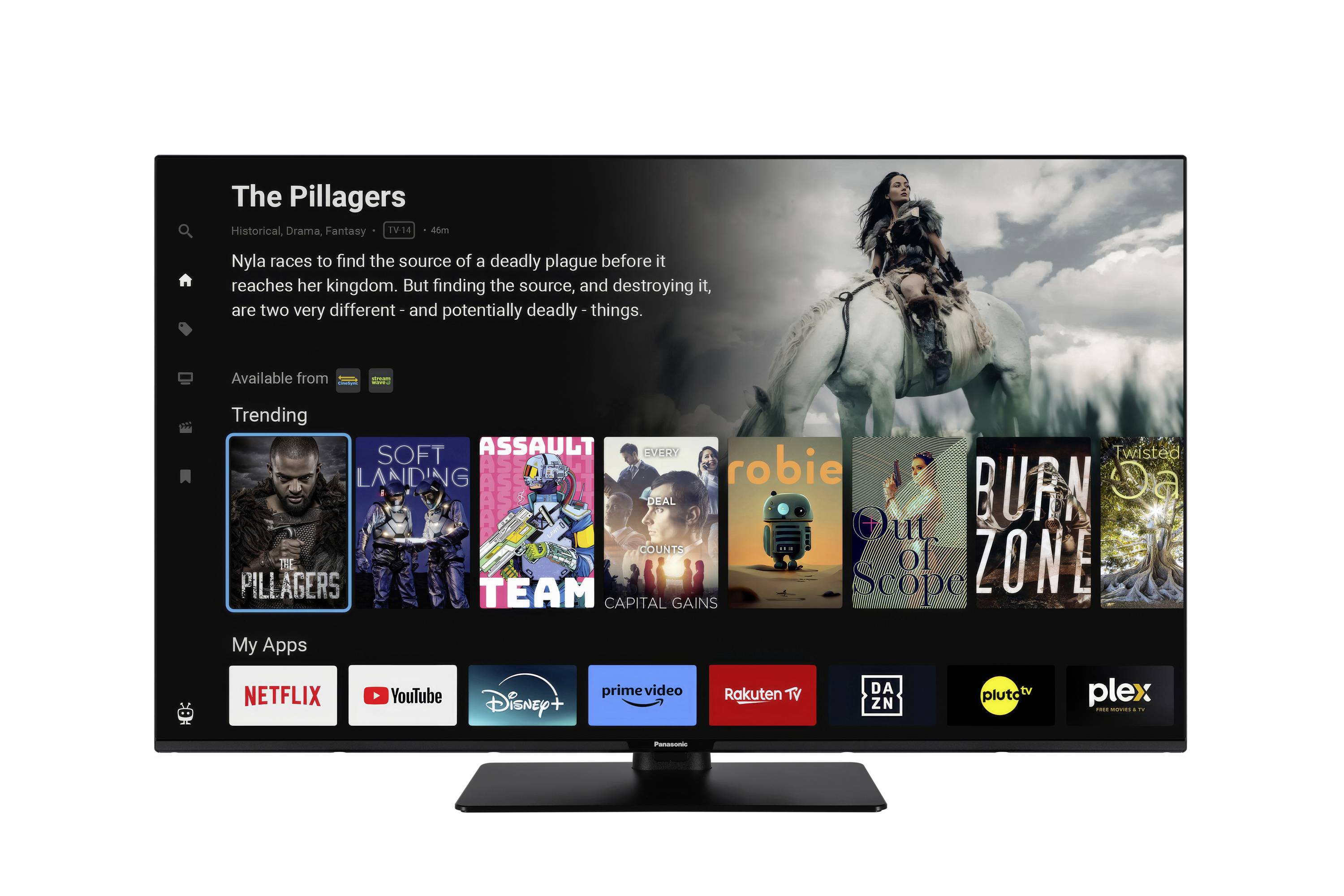 A TV screen displays a show description for 'The Pillagers' and trending shows. Streaming app icons like Netflix and YouTube are also visible.