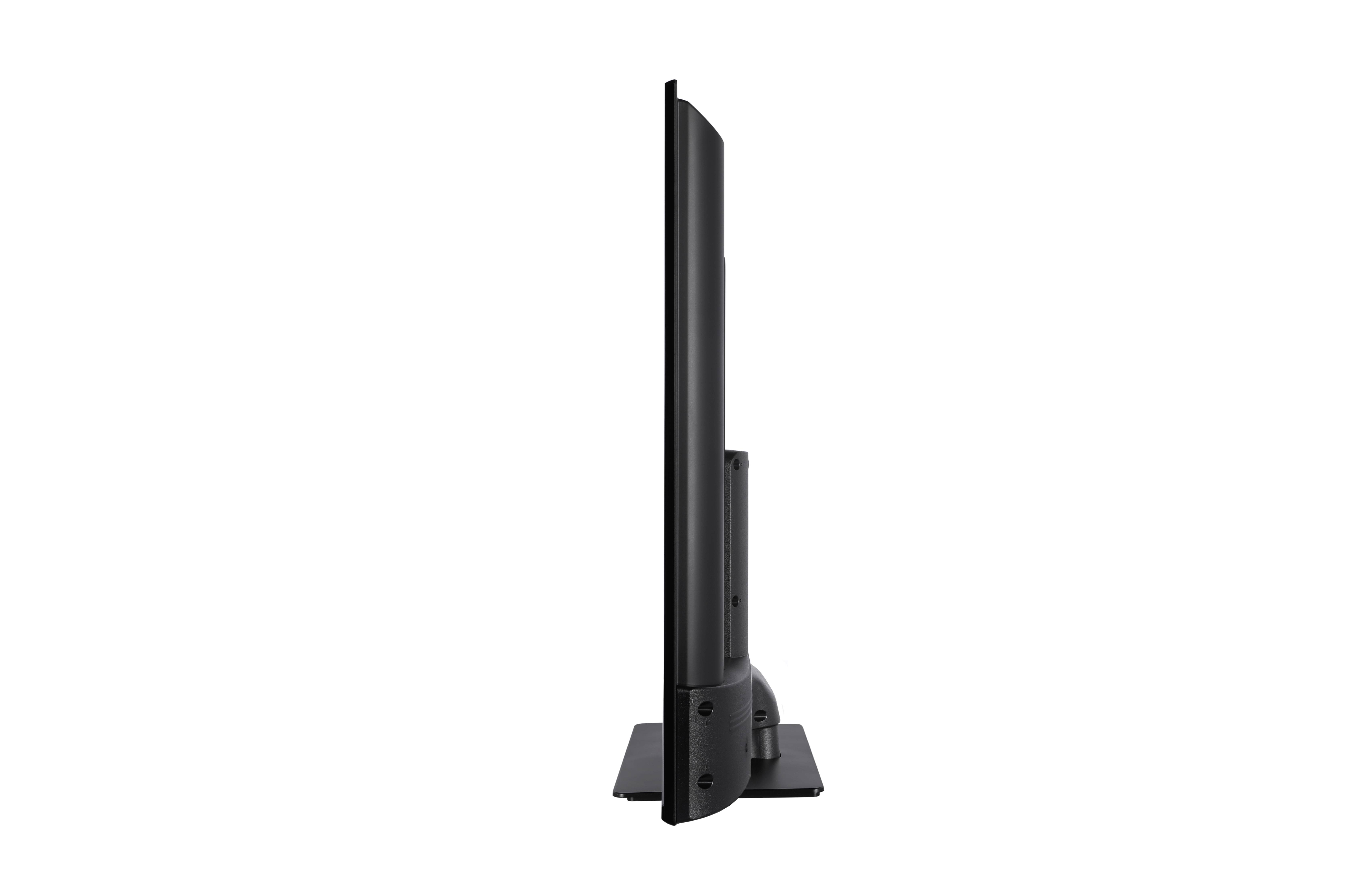 Side view of a thin, black television on a rectangular stand, showcasing its slim design.