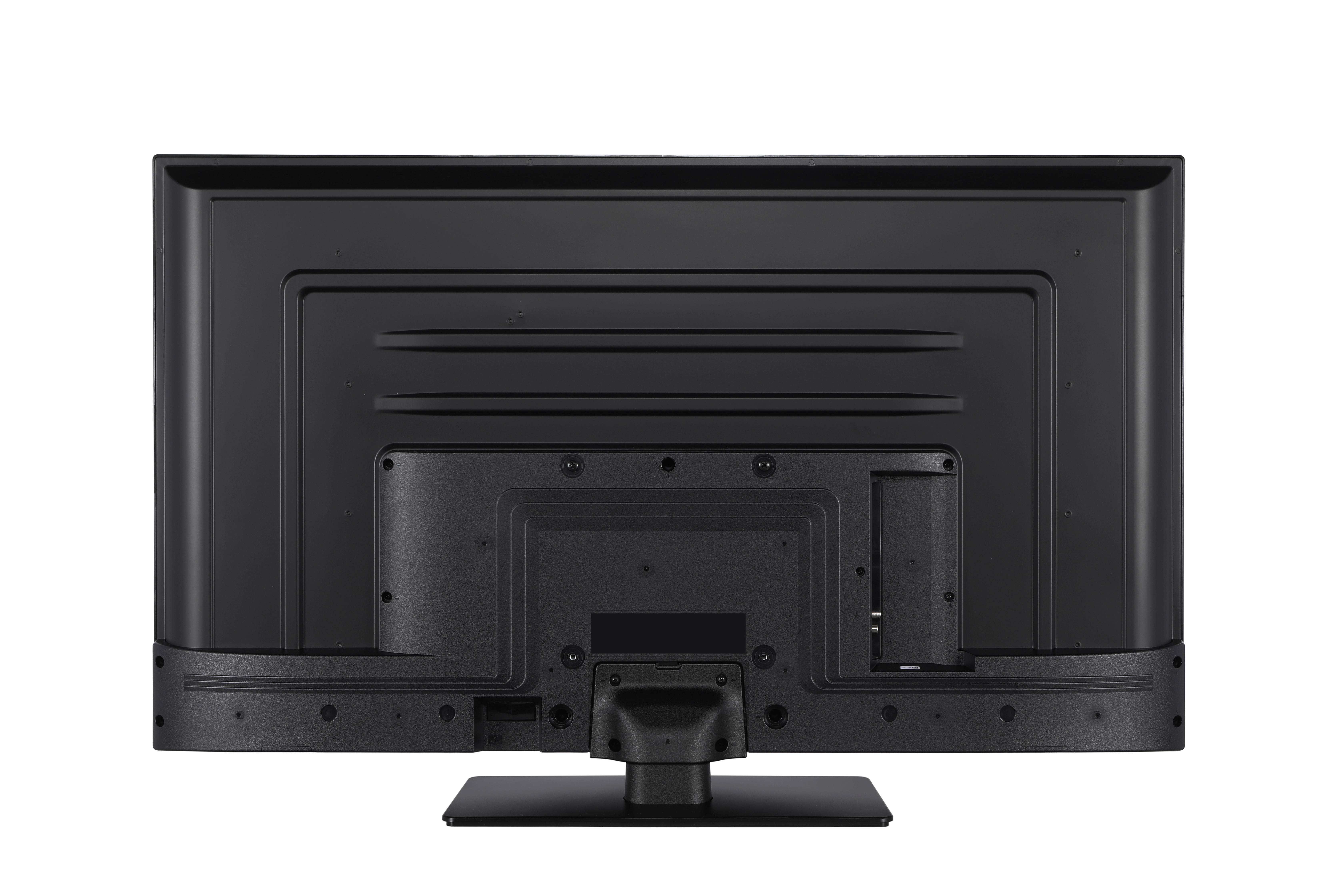 The image shows the back view of a flat-screen monitor with a stand, featuring various ports and a vented design.