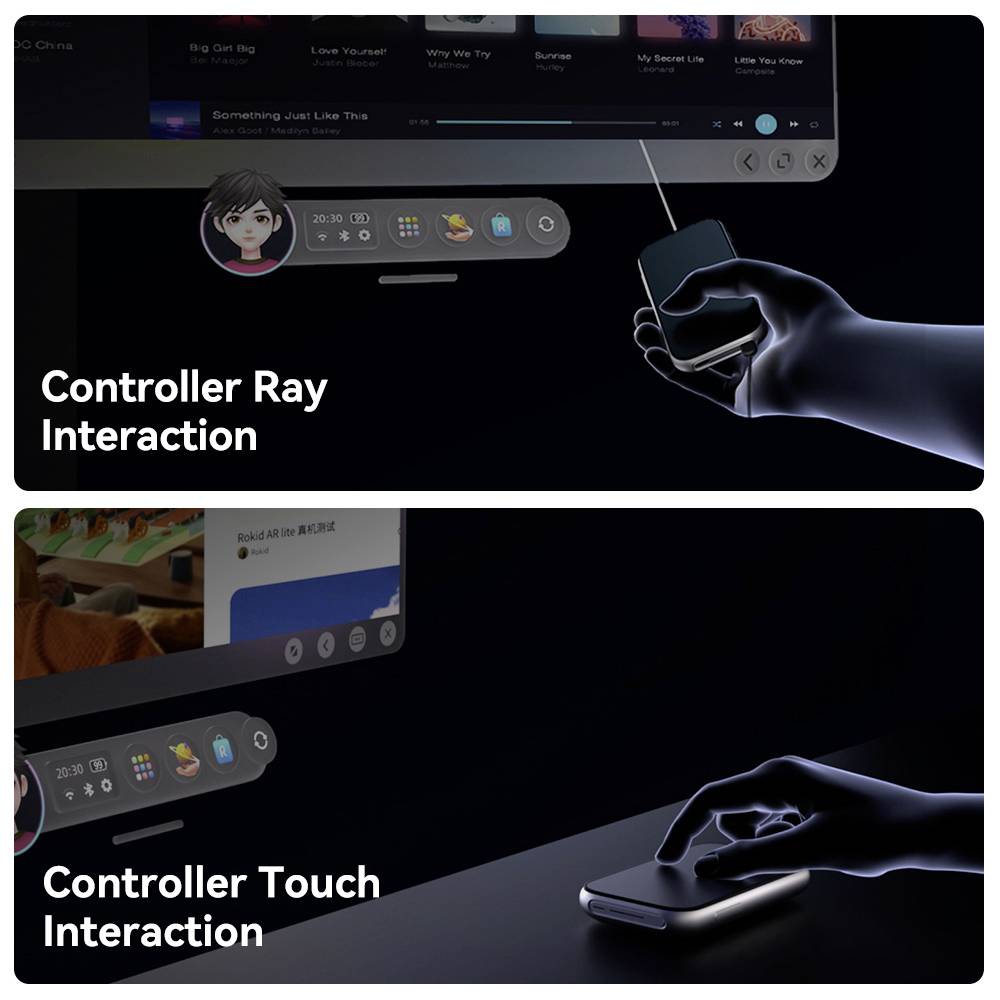 'Controller Ray Interaction': A hand points a device at a screen, highlighting music apps. 'Controller Touch Interaction': A hand touches a screen directly, selecting apps.