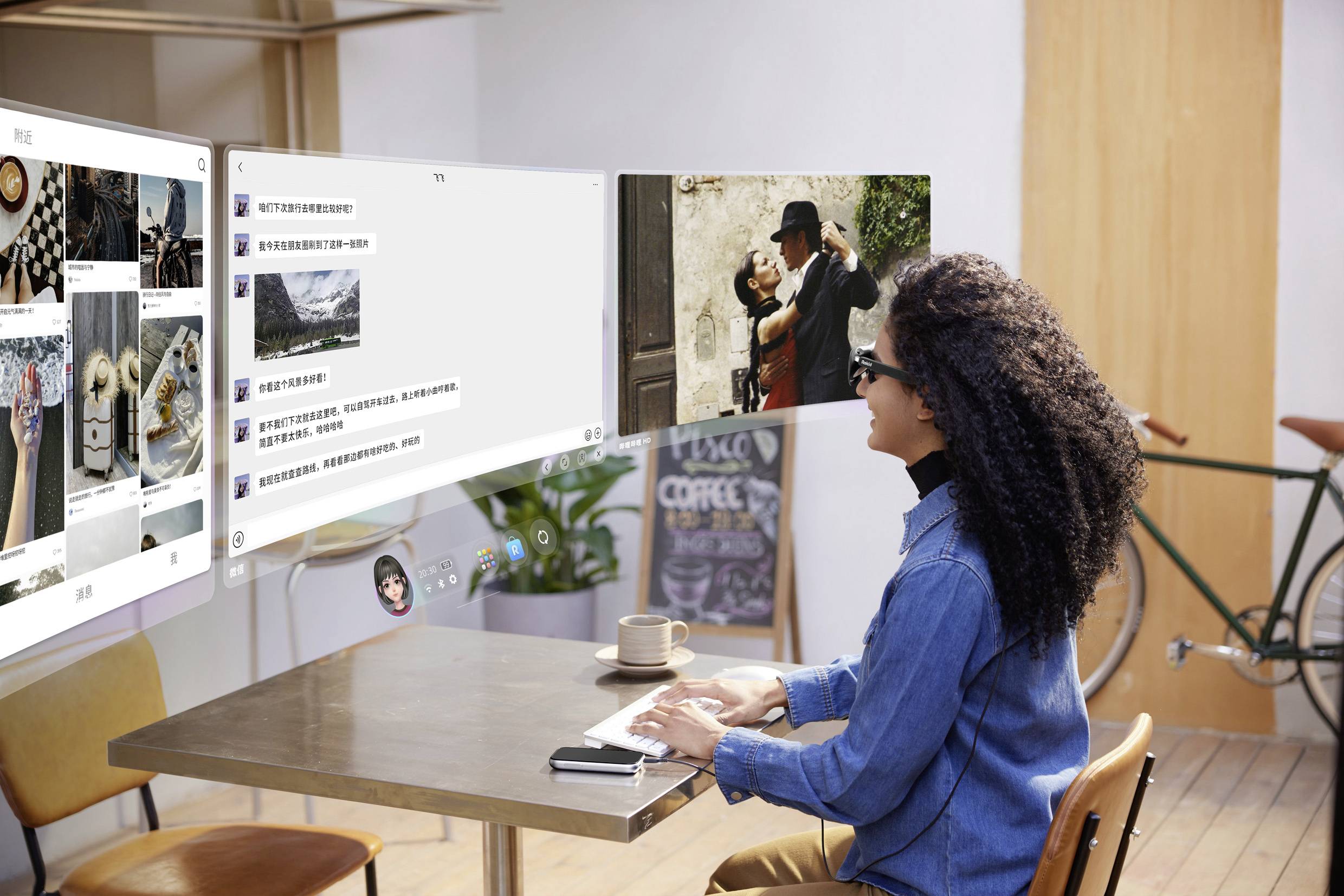 A person using a mixed reality headset interacts with virtual screens displaying social media and images, seated at a table in a modern room.