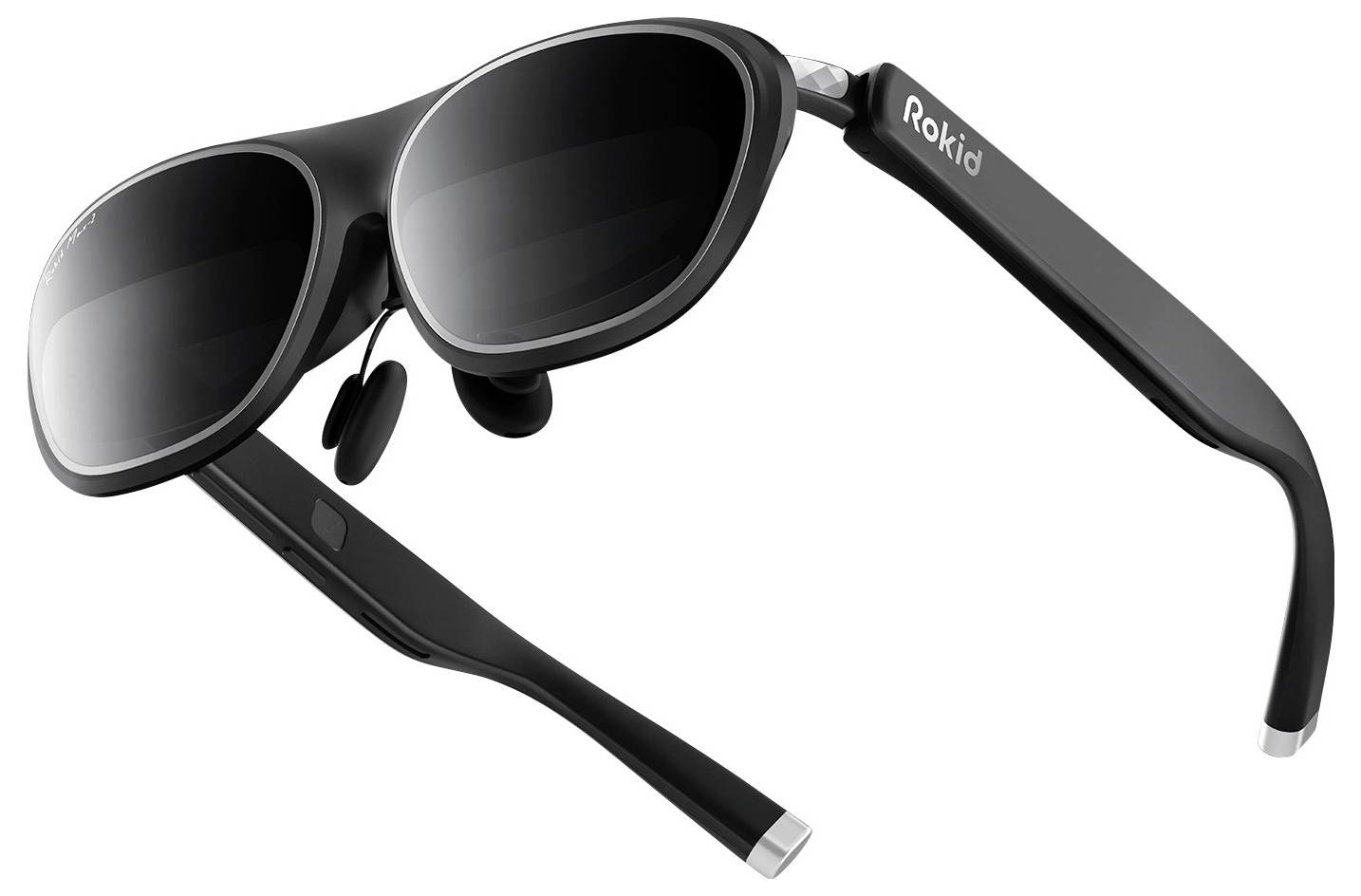 Sleek black smart glasses with tinted lenses and the brand name 'Rokid' printed on the temple.