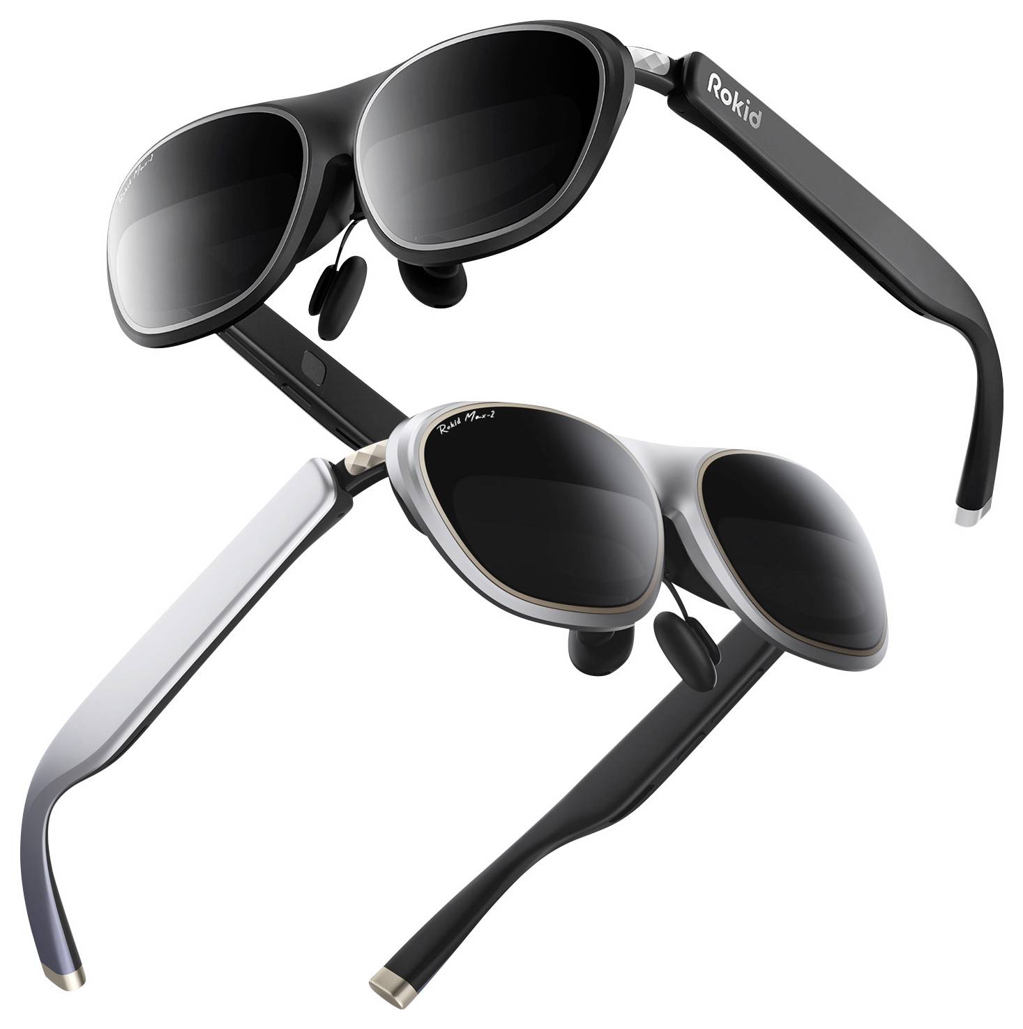 'Rokid' branding on two pairs of sleek AR glasses, each with black frames and tinted lenses, overlapping diagonally on a white background.