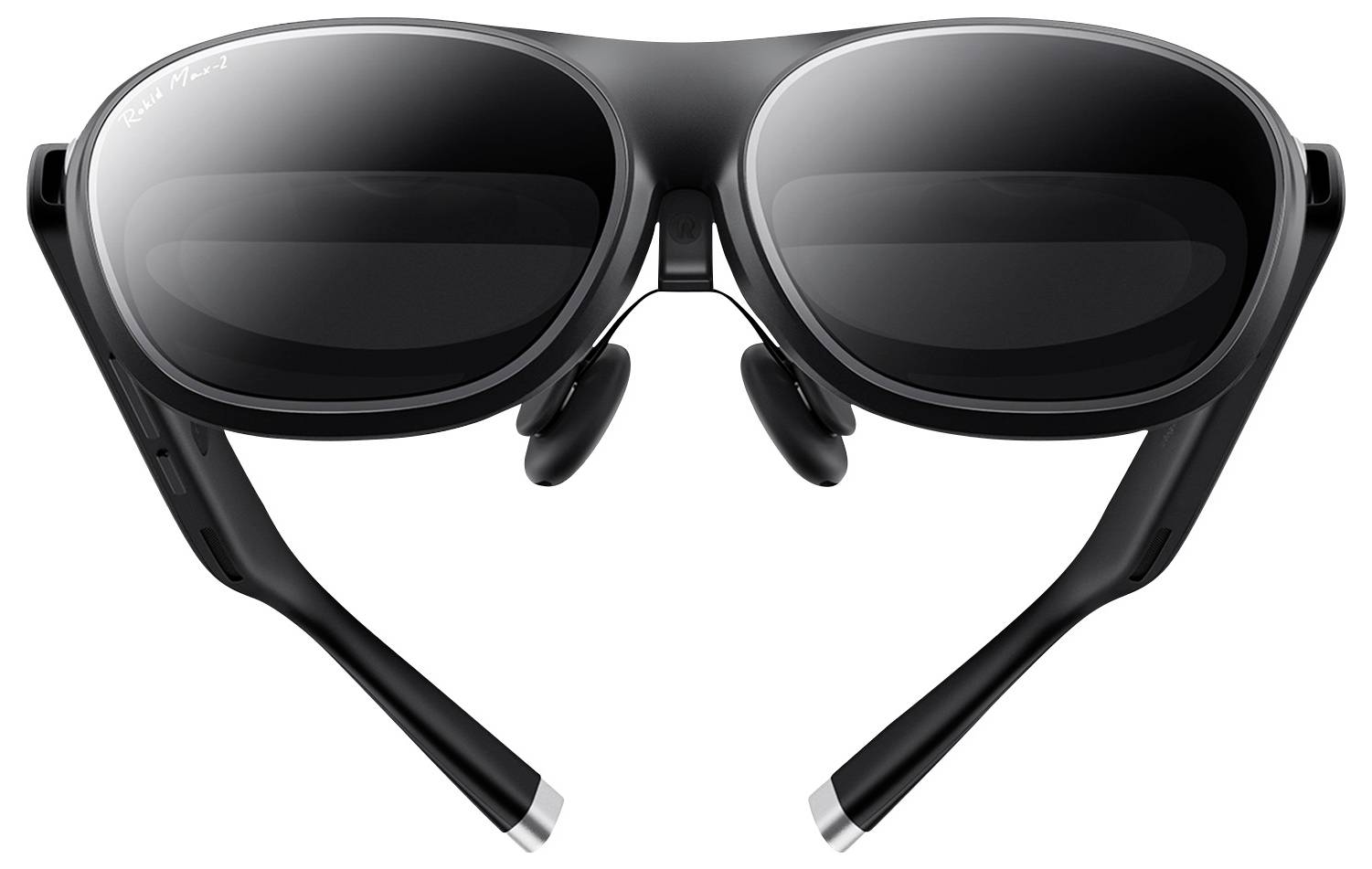 Black, sleek smart glasses with dark lenses and a minimalistic design, featuring built-in headphones on the arms.