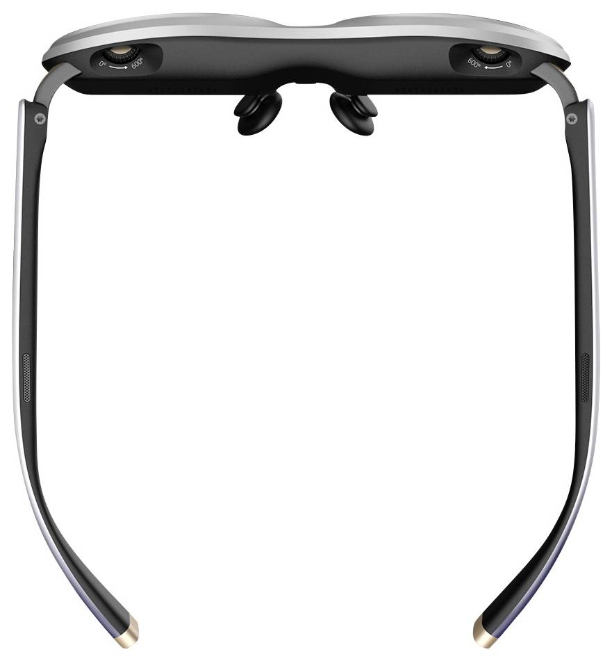 Smart glasses viewed from above, showing the lenses, nose pads, and ear stems.