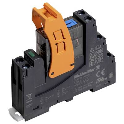 'Weidmüller relay module with orange lever, GS push-in technology. Black housing with visible internal components and QR code.'