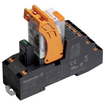 Weidmüller relay module with an orange lever and gray base, featuring various electrical ratings and certification symbols.