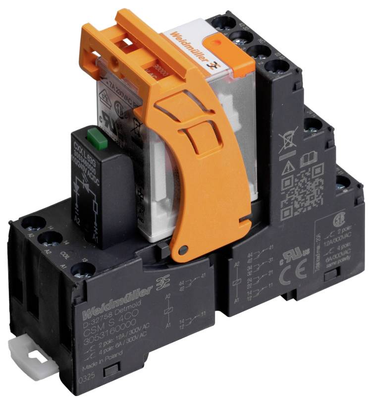 'Weidmüller relay module with an orange lever, black base, and clear housing containing electrical components. Used in industrial applications.'