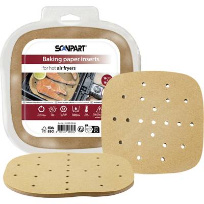 'Baking paper inserts for hot air fryers' packaging with two perforated brown paper sheets displayed. Suitable for non-stick and even cooking.