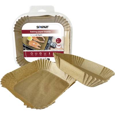 'Scanpart baking paper inserts for hot air fryers' package, featuring two paper inserts. For air fryers, 20 cm 7.9 in, 100 sheets.