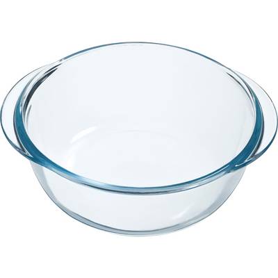 A clear glass baking dish with two handles, suitable for oven use.