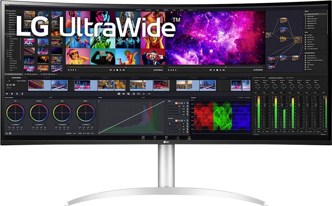 A curved LG UltraWide monitor displaying video editing software with multiple tracks, color grading tools, and audio levels.
