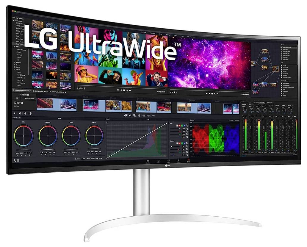 LG UltraWide monitor displaying a colorful video editing interface with various color correction and audio tools visible on screen.