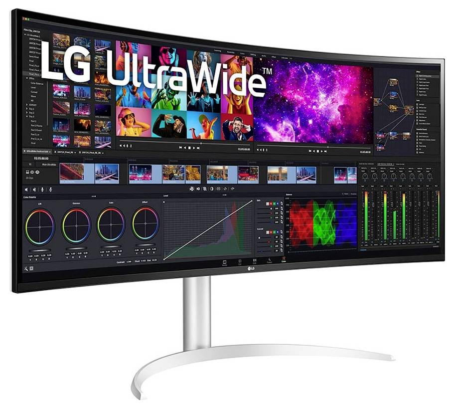 A wide, curved LG UltraWide monitor displaying multiple video editing panels, color wheels, and a video preview screen.