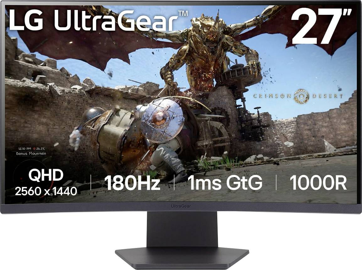 A large monitor displaying a fantasy game scene with a dragon and warrior. Overlay text: 'LG UltraGear 27", QHD 2560x1440, 180Hz, 1ms GtG, 1000R.'