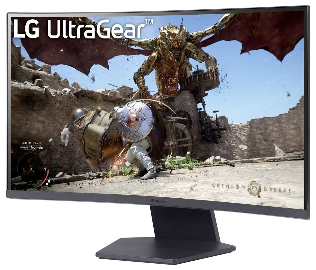 A video game scene displayed on an LG UltraGear monitor shows a knight battling a large, flying dragon in a medieval environment.