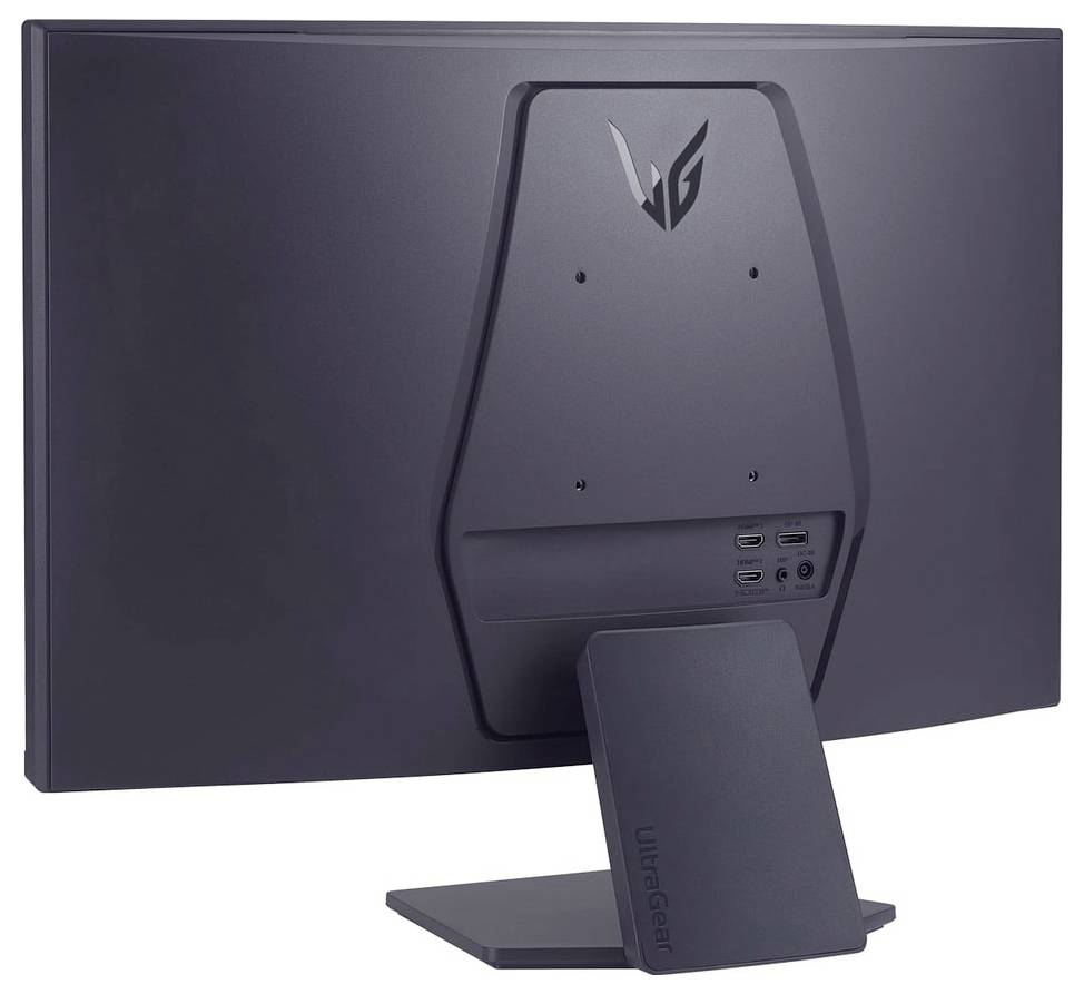 The image shows the back view of a computer monitor with a sleek black design, featuring a V-shaped logo and several input ports.