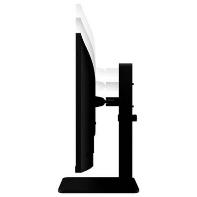 Side view of a slim, modern computer monitor on a stand, highlighting its sleek design and thin profile.