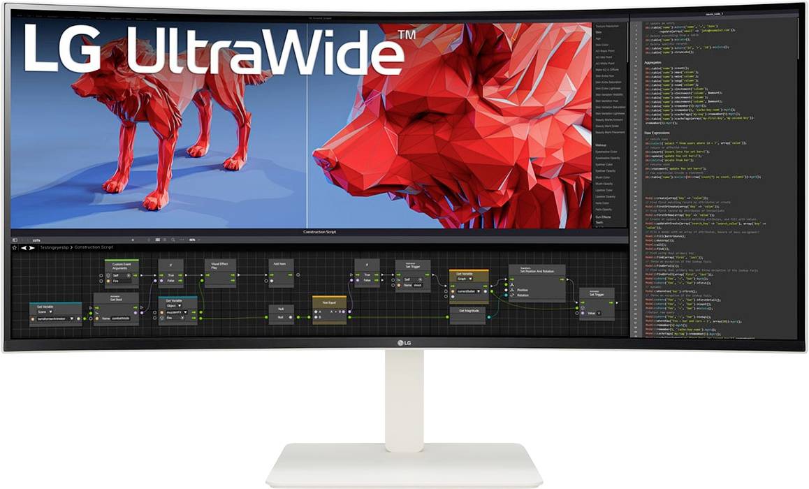 'LG UltraWide' monitor showing a 3D model of a red wolf on one side and coding software on the other, showcasing multitasking ability.