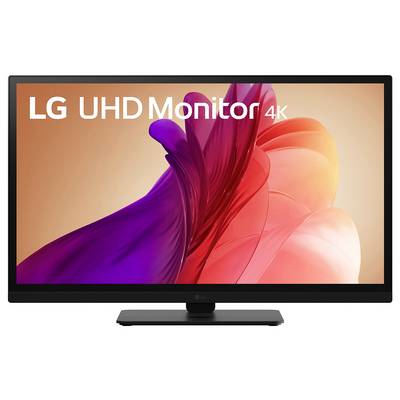'LG UHD Monitor 4K' displayed on a screen with vibrant abstract colors in the background.