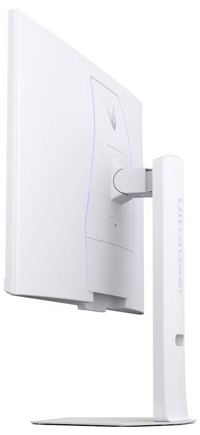 A white computer monitor viewed from the side, showing the brand logo and adjustable stand, suggesting a sleek design and flexibility.
